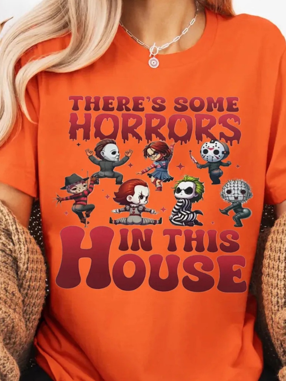 Orange There's Some Horrors In This House Graphic Tee, Cute Horror Illustration